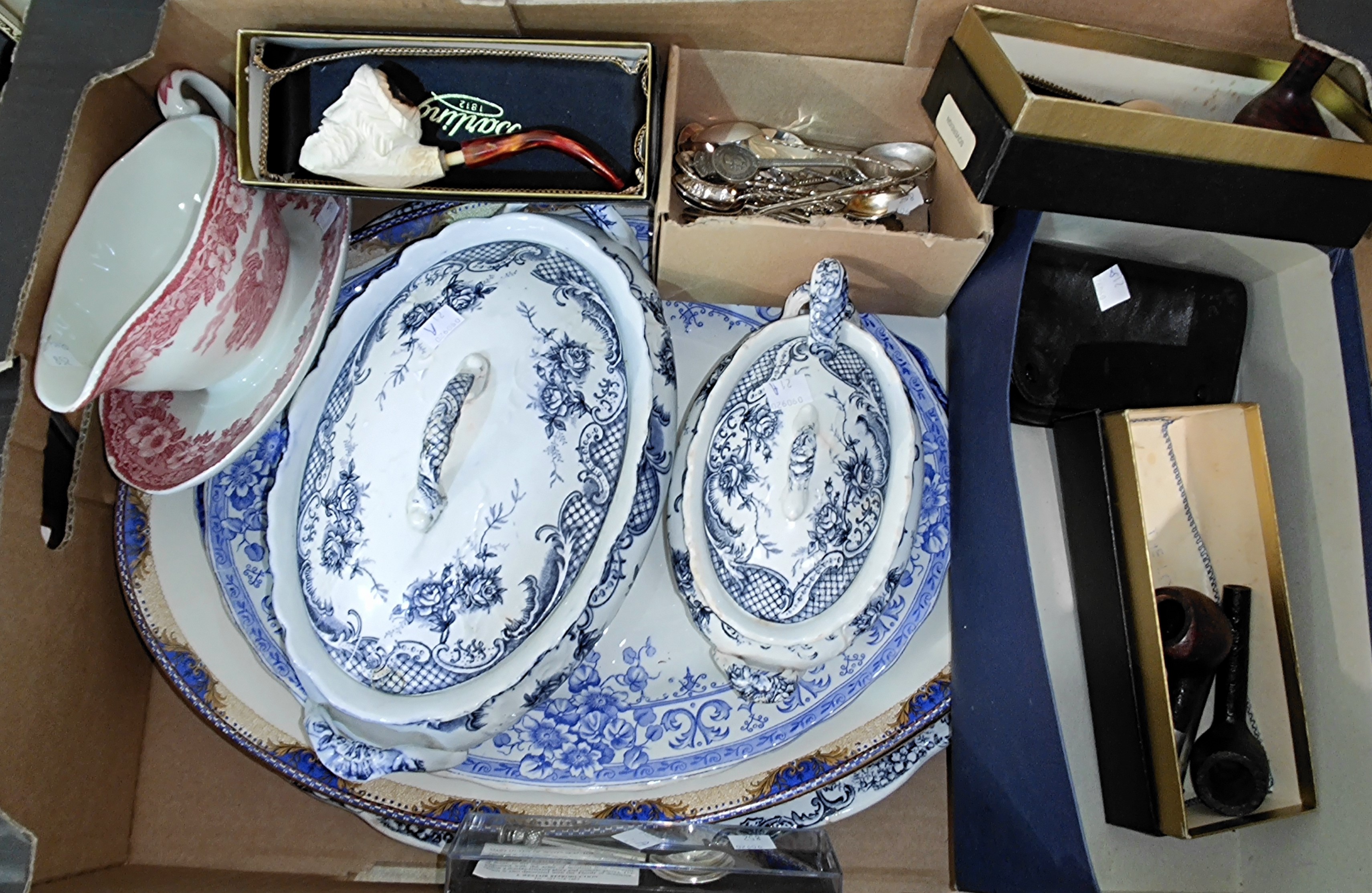 Two blue and white tureens, meat plates; a Meerschaum pipes and other pipes, souvenir spoons etc