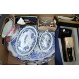Two blue and white tureens, meat plates; a Meerschaum pipes and other pipes, souvenir spoons etc