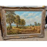 Don Vaughan: Rural landscape, haymaking with wagon and figures picnicking, oil on canvas, signed, 50