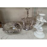 A 5 branch silver plated epergne; a silver plated fruit bowl and a pair of 'Leedsware' china dolphin