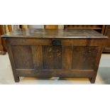 18th century framed and panelled oak blanket box with hinged lid and block feet 133 cm