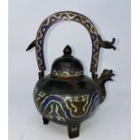 A Chinese bronze and cloisonne tea pot with chicken head spout