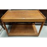 A 1960's teak 2 tier tea trolley; a mahogany occasional table with oval top and Sheraton style inlay
