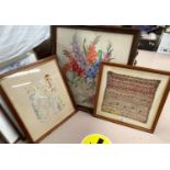 A Victorian sampler by Martha Booth 1842, 8 years old, framed and glazed; 2 other