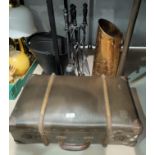 A vintage suitcase; a metal companion set; a coal bucket