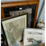 A map of Lancashire dated 1835; a small watercolour; a needlework picture in birds eye maple