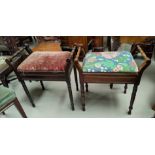 Two vintage piano stools and a cane work chair