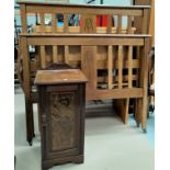 A golden oak 4' bed with header and footer with painted swag decoration; a mahogany pot cupboard
