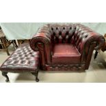 Chesterfield armchair and stool in deeply buttoned oxblood hide