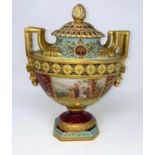 A Vienna porcelain covered oval vase in the classical style, on pedestal with 2 handles, reserve