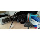 A selection of pre digital cameras and accessories including 2 Minolta, Olympus and Hanimex etc