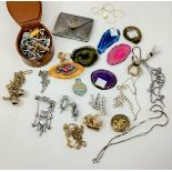A jewelled evening purse/compact; a selection of costume jewellery; polished fossils