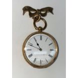 An Edwardian fob watch in chased yellow metal case, open faced and key wound, stamped '18K', on 9