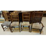 A Harlequin set of 4 19th century elm Lancashire spindleback dining chairs with rush seats and