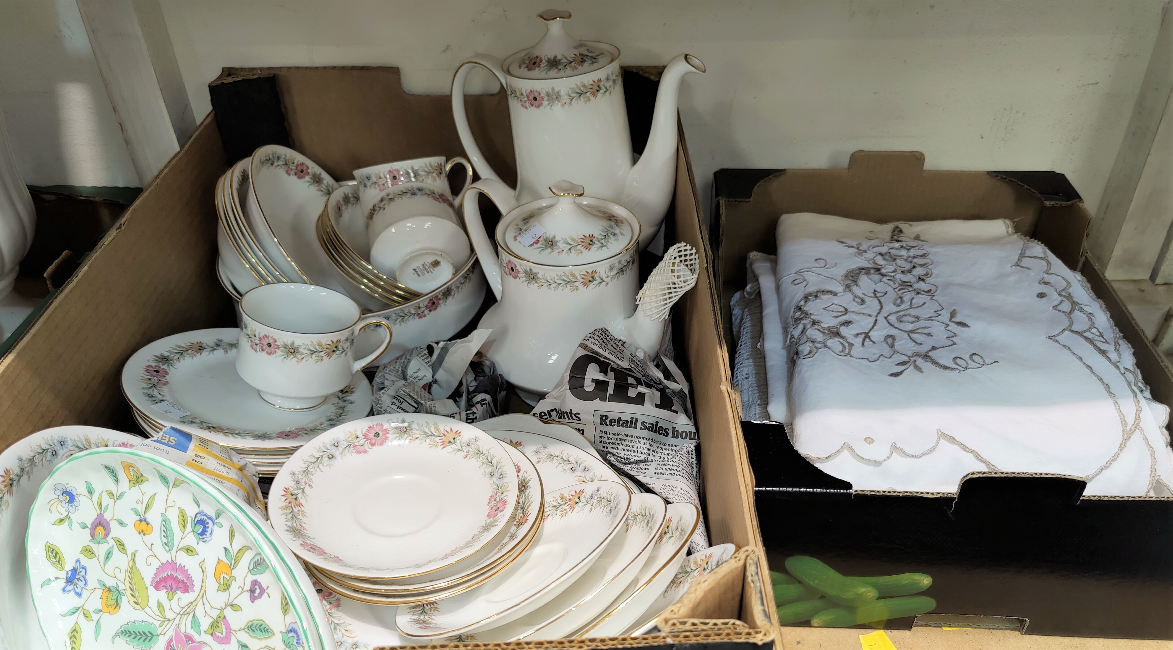 A Paragon Belinda part dinner/tea and coffee service and a collection of lace table linen