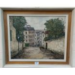 John Barratt, continental street scene, oil on board, pair of figures walking down hill, signed,