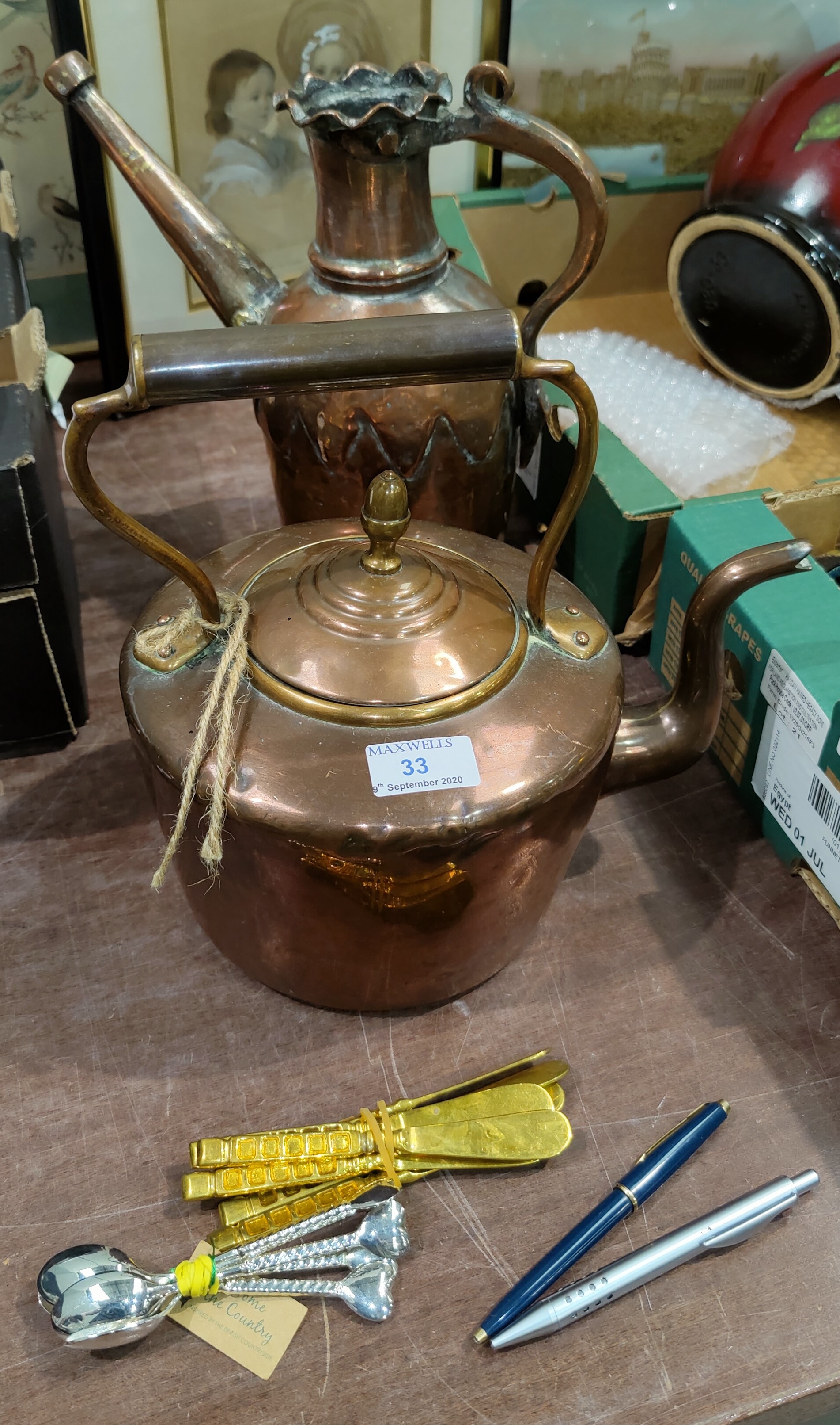 A 19th century copper kettle; a Middle Eastern copper jug; a Parker ballpoint pen; another; plated