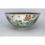 A Chinese 19th century bowl with polychrome decoration, birds etc, four character mark to base,