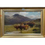 S E Hageley: figure driving highland cattle, oil on canvas, signed, 65 x 39, in gilt frame (small