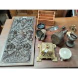 A Black Forest style carved panel; a Victorian brass inkwell; a spigot taper holder; etc.