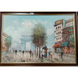 Burnett: A large Oil on canvas of a Parisian street scene featuring 'The Arc de Triomphe'