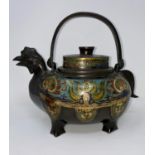 A late 19th century Chinese champlevé wine ewer in the form of a Shang bronze, with cockerel spout