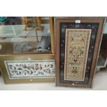 2 modern Chinese needleworks depicting figures in procession and birds in trees respectively, framed