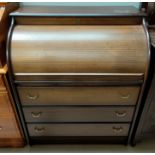 A mahogany reproduction roll top bureau three long drawers bellow