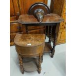 A 1930's sewing table with box top; a 1930's 2 tier occasional table with canted edging, on barley