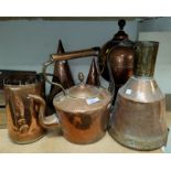 A 19th century copper kettle; a conical copper measure; a mid Eastern jug; a tea urn etc