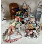 Two Capodimonte style figures; a Murano clown; etc.