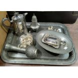 An oval Tudric planished dish, a tray and other pewter; crystal goblets and other glassware etc