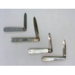 Four hallmarked silver and mother of pearl penknives, Sheffield various dates