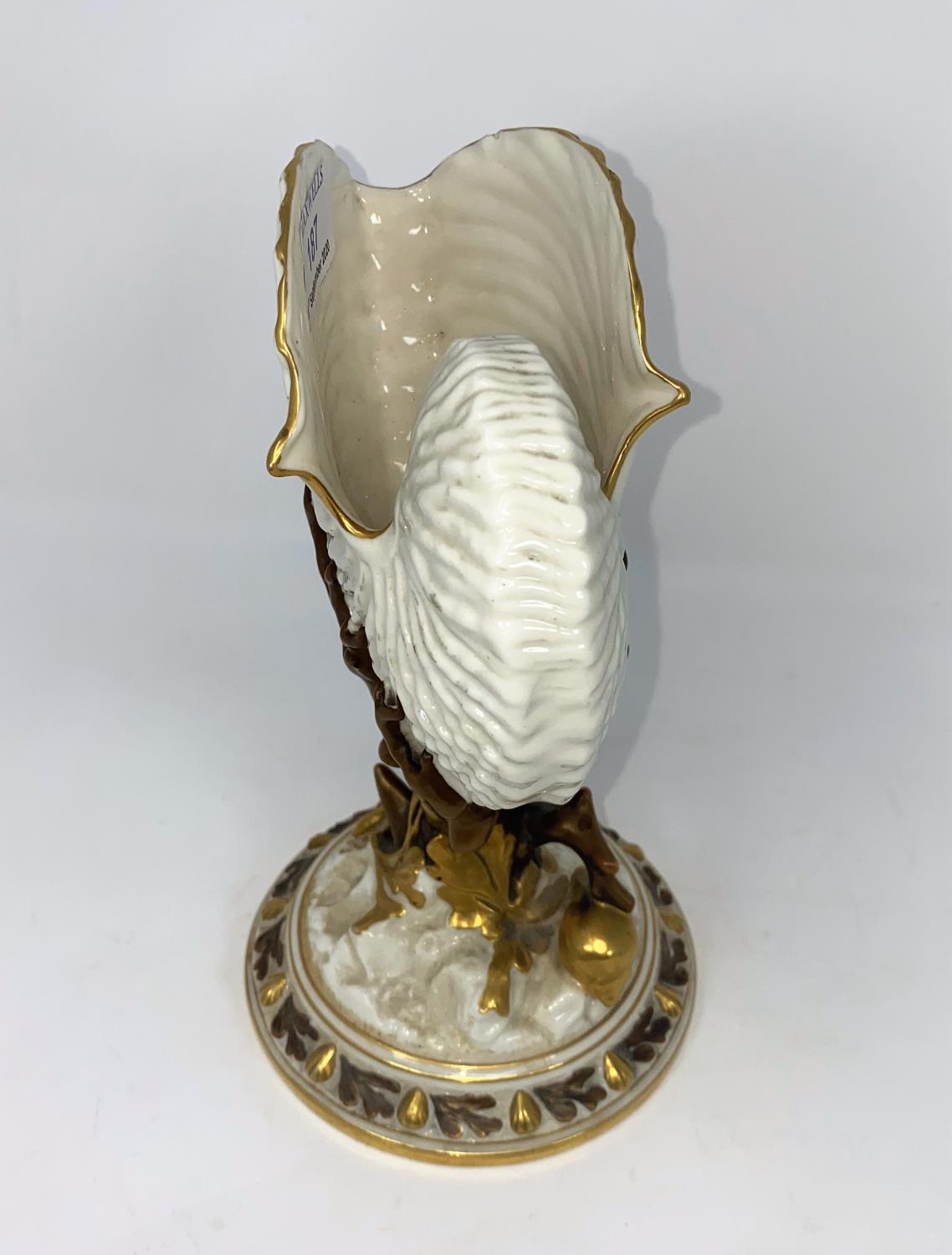 A Royal Worcester nautilus shell vase in gilded naturalistic colour, on circular base, height 22 - Image 3 of 6