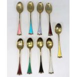 A set of 9 Norwegian silver gilt and coloured enamel coffee spoons stamped 'sterling', 2.75oz