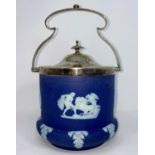 A 19th century Wedgwood Jasperware biscuit barrel with EPNS mounts, 16.5 cm