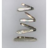 Four hallmarked silver and mother of pearl penknives, Sheffield various dates