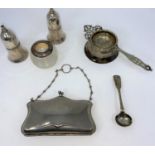 A Georgian silver salt spoon; a silver top Vesta bottle; a silver plated evening purse etc