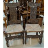 A pair of late 19th century/ early 20th century Carolean style barleytwist dining chairs with