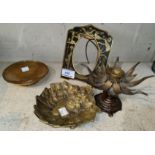 An Indian bronze incense burner with articulated petals, turtle base, a brass cash tray, another