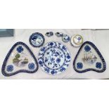 A Meissen onion pattern dish; 2 Delft triangular plates with tin glaze; etc.