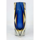 A mid 20th century angle slice cut cased blue glass specimen vase, height 17cm