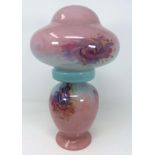 A mid 20th century Art Nouveau style table lamp of baluster form, mottled pink glass with mushroom