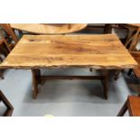 A modern burr yew wood rectangular refectory dining table; a modern hardwood bookcase with 2 shelves