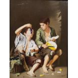 K Kroll: Boys eating fruit, after Murillo, oil on board, signed, 39 x 29 cm, framed