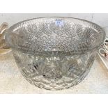 A very large cut glass bowl/dish. A Murano splatter glass bowl.