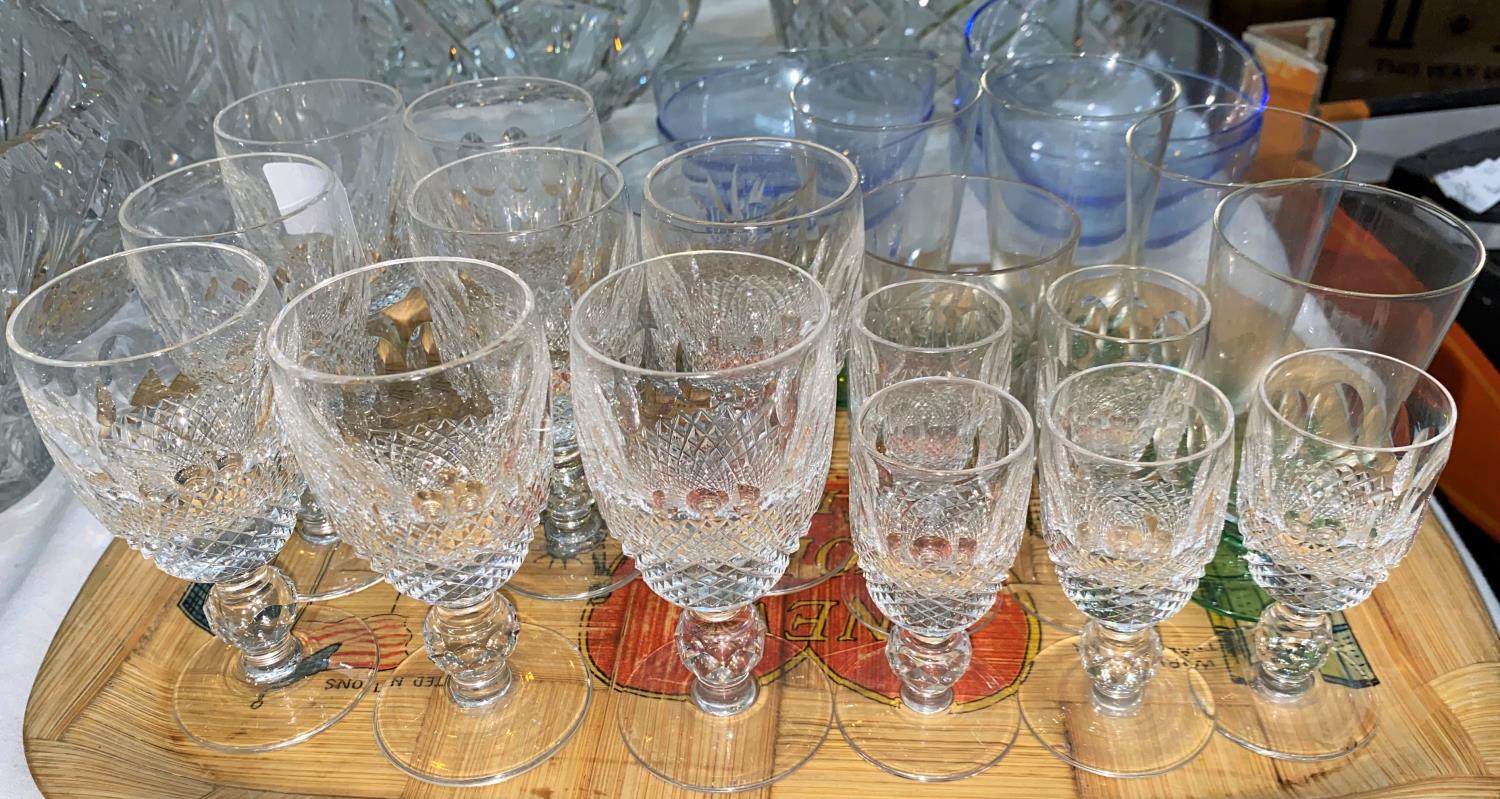 Eight small Waterford Crystal Colleen drinking glasses; six similar smaller Waterford brandy glasses