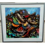 David Wilde: "Hunter's Moon, Carreg Fawr" abstract oil on board signed and titled framed and glazed