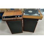 A Lenco L75 record deck, a Wharfedale Multiplex receiver and two vintage Goodmans speakers
