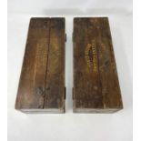 Two vintage wooden boxes with twin hinged opening tops both marked 'Pilkingtons British Glass, St
